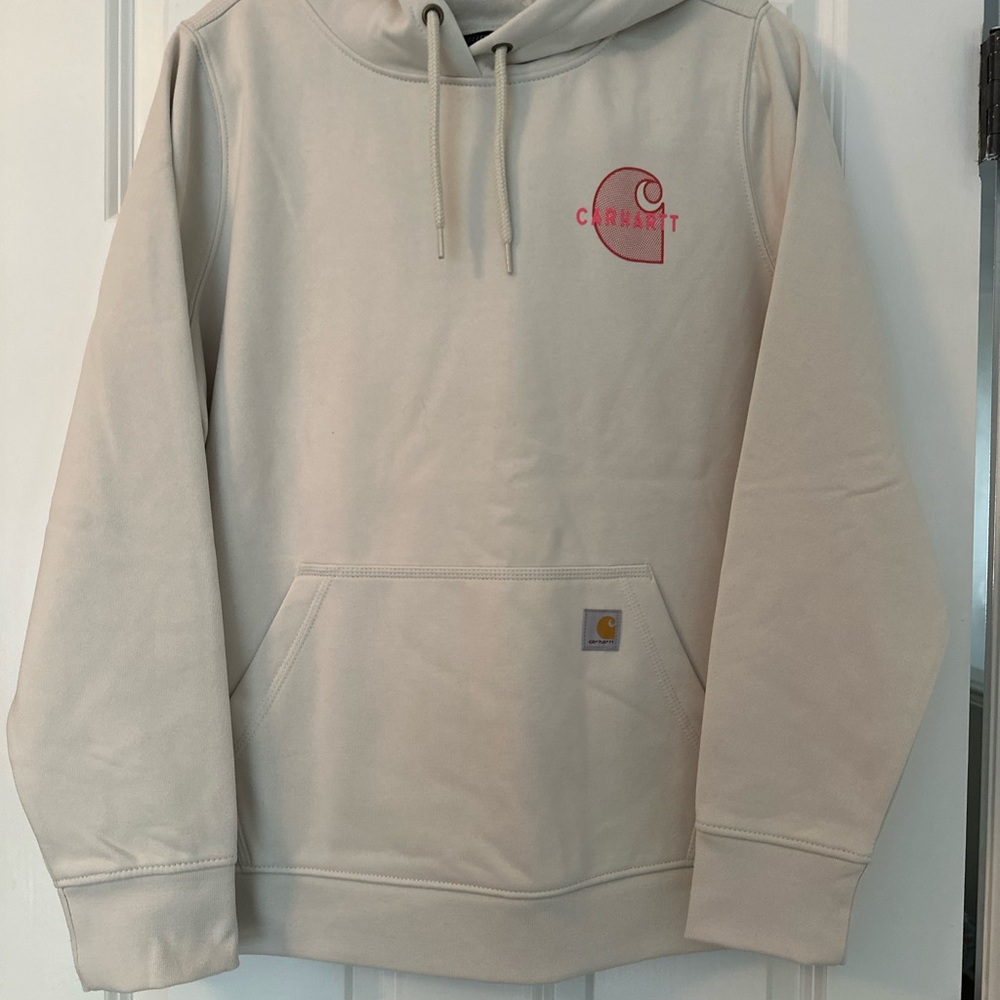 Carhartt Women's Cream Hoodie with Pink Logo Rain Defender